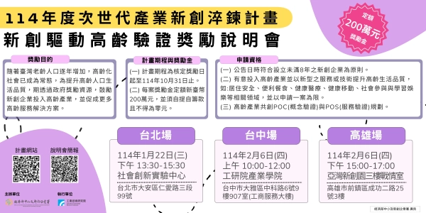 【徵件啟動】114年度新創驅動高齡驗證獎勵開放線上申請至2/27(四)下午5點止